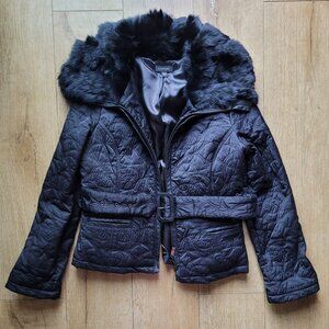 Bebe Black Quilted Feather Down Fur Collar Winter Coat